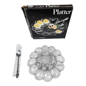 Leonard Silver Mfg Clear Glass Deviled Eggs Plate Dish Platter W/ Serving Spoon